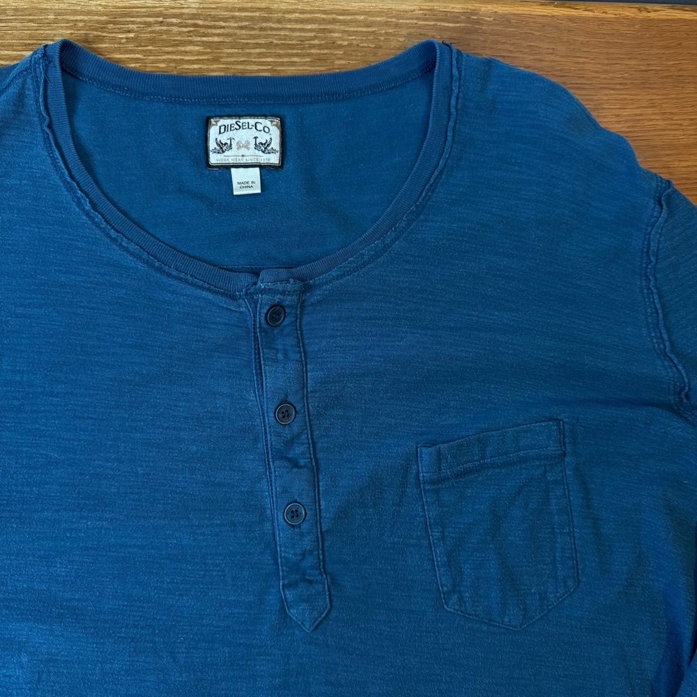 Diesel Mens Henley Shirt XXL Blue Dark Teal Long Sleeve Cotton Preppy Y2K Work